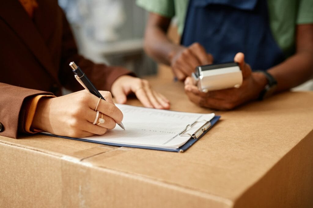 Woman signing a contract with moving service